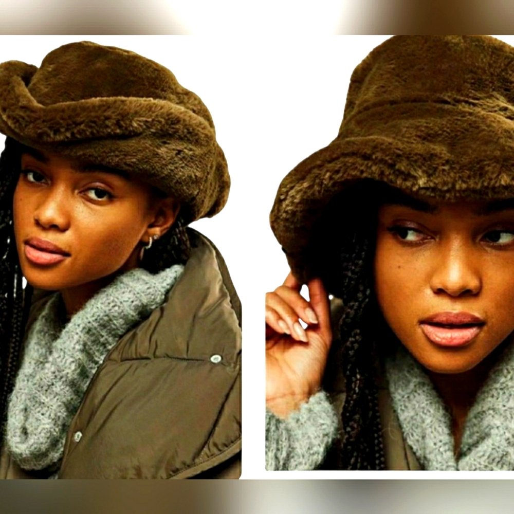 FREE PEOPLE FAUX FUR MOSS/OLIVE  2 STYLE COWBOY OR FLOP WINTER HAT